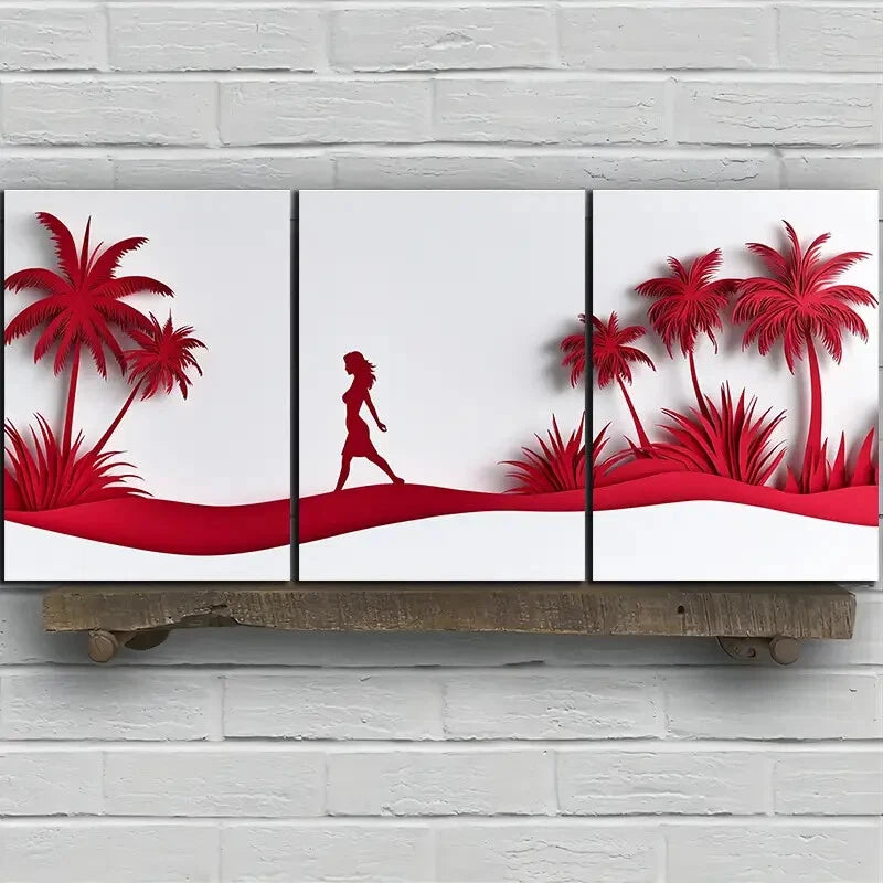 3pcs Red Coconut Trees And Women White Beach Metal Print Ready to Hang Art - Bella Home Decor