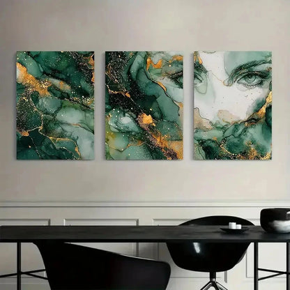 3pcs Dark Green And White Marble Style Painting Metal Print Ready to Hang Art - Bella Home Decor