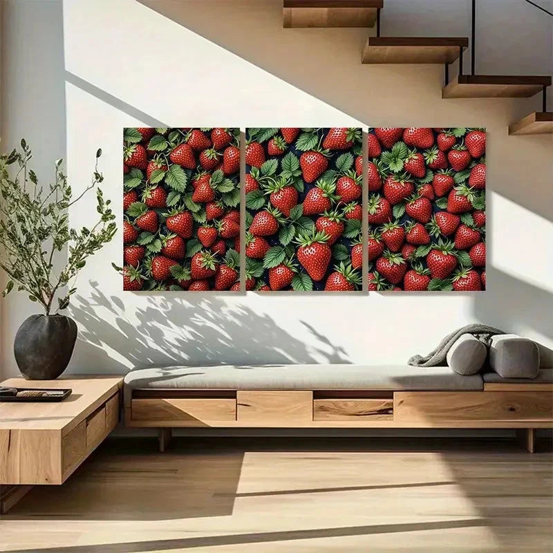3pcs Red Strawberry and Green Leaves Metal Print Ready to Hang Art