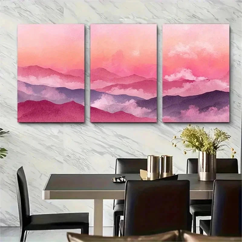 3pcs Pink Sunrise Watercolor Landscape Perfect Wall Art Set Canvas Framed 50x70cm - High Quality Print 100% Australian Made Wall Canvas Ready to Hang