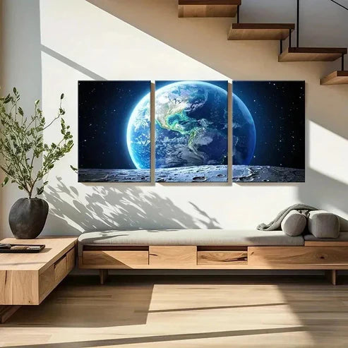3pcs Earth from the Moon Space-Themed Wall Art Canvas Unframed - High Quality Print 100% Australian Made Wall Canvas - Bella Home Decor