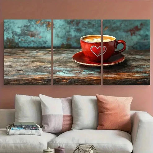3pcs Coffee Cup with Heart Illustration Wall Art Canvas Unframed – High Quality Print 100% Australian Made Wall Canvas - Bella Home Decor