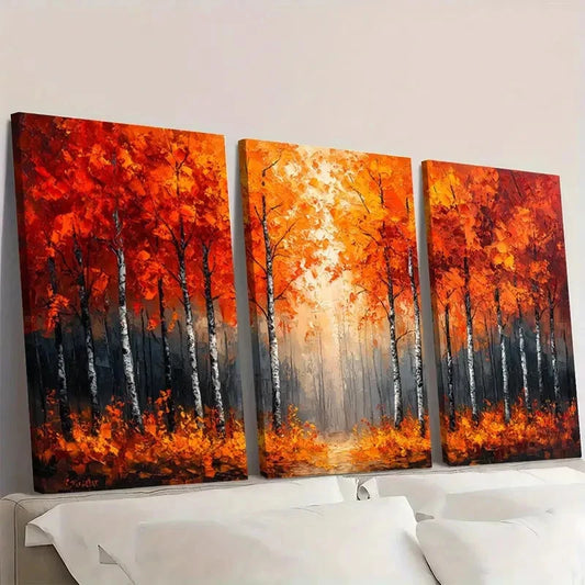 3pcs Forest Art with Red & Orange Leaves FL Wall Art Set Canvas Framed 60x90cm - High Quality Print 100% Australian Made Wall Canvas Ready to Hang