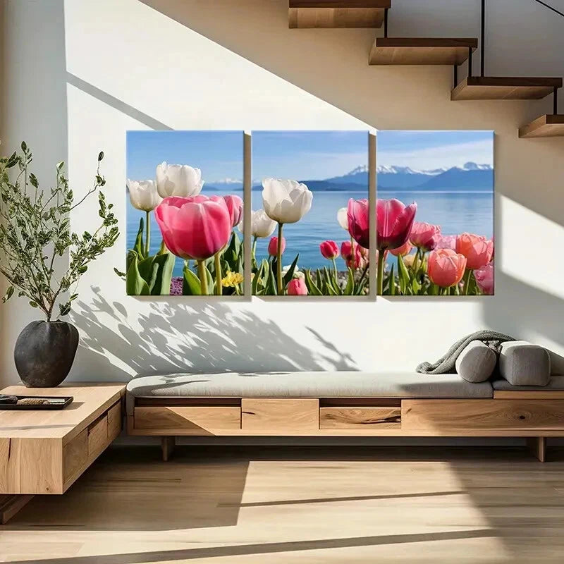 3pcs Spring Tulips By The Lake Mountain View Metal Print Ready to Hang Art - Bella Home Decor