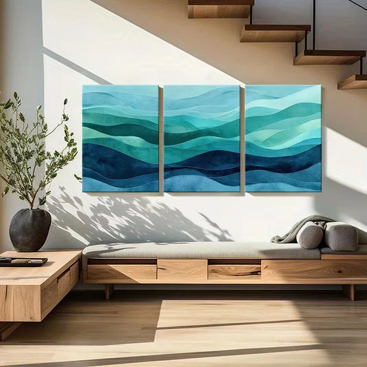 3pcs Abstract Wave Art, Turquoise Decoration Metal Print Ready to Hang Art