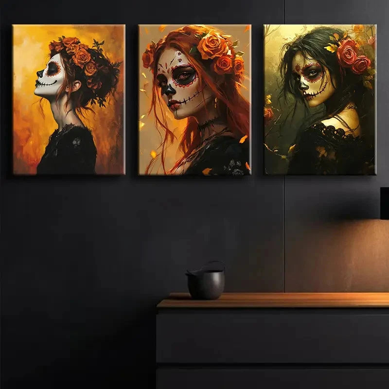3pcs Dead Sugar Skull Painting Set Metal Print Ready to Hang Art - Bella Home Decor
