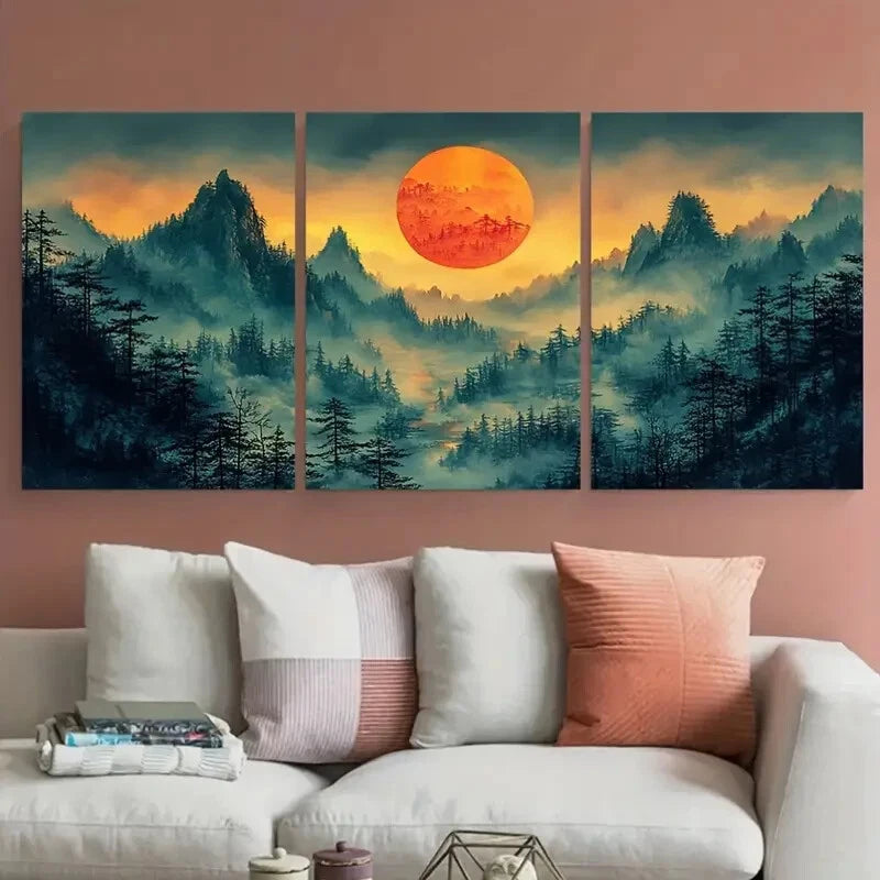 3pcs Misty Sunrise Forest Traditional Design Metal Print Ready to Hang Art - Bella Home Decor