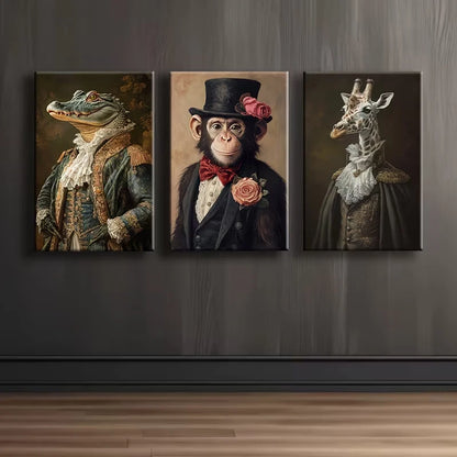 3pcs Animal Portraits in Vintage Attire Wall Art Set Canvas Framed 50x70cm - High Quality Print 100% Australian Made Wall Canvas Ready to Hang - Bella Home Decor