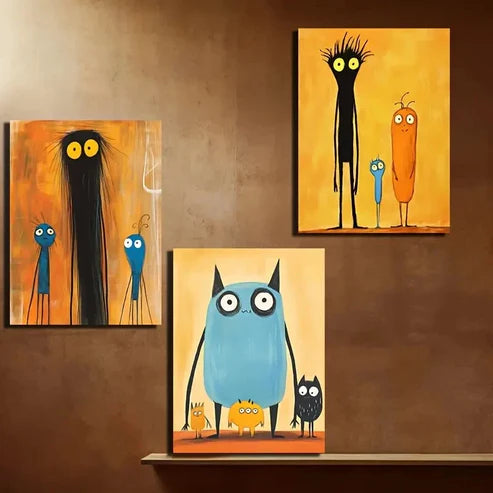 3pcs Owls, Aliens & Friends, Modern & Playful Wall Art Set Canvas Unframed - High Quality Print 100% Australian Made Wall Canvas