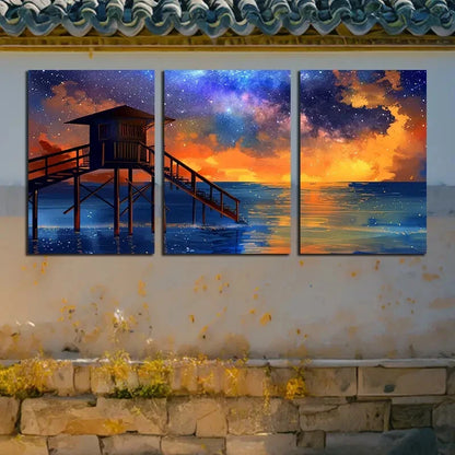 3pcs Beach with Wooden house illustration Metal Print Ready to Hang Art - Bella Home Decor