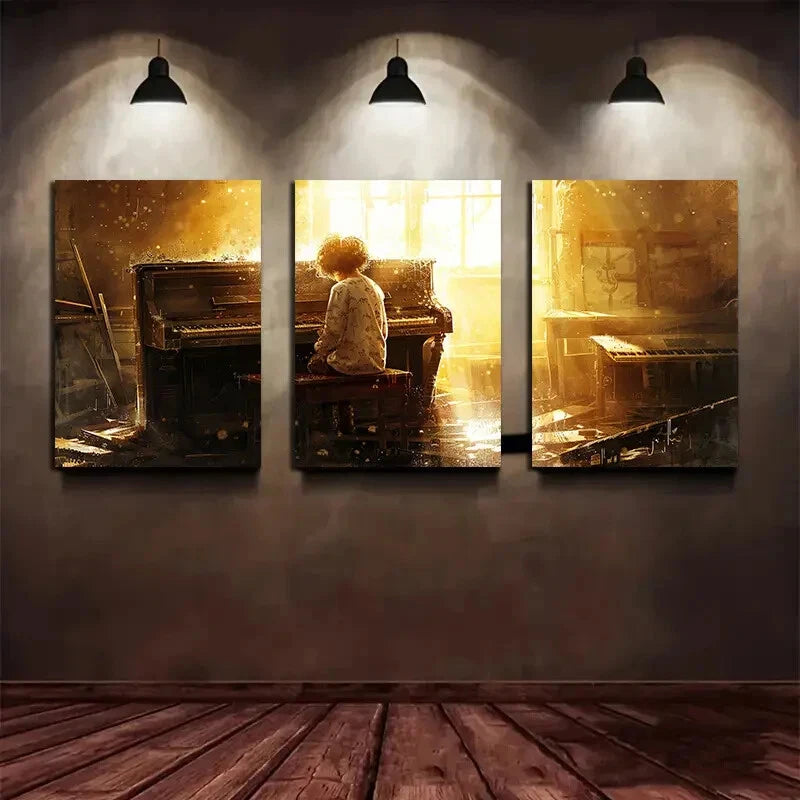 3pcs A Little Boy Playing The Piano Metal Print Ready to Hang Art