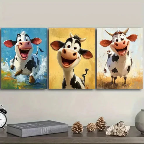 3pcs a cute, happy cow Wall Art Set Canvas Unframed – High Quality Print, 100% Australian Made Wall Canvas - Bella Home Decor