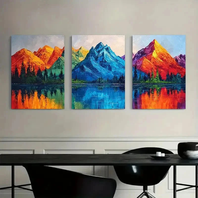 3pcs Colorful Mountain Range with Lake Reflections Metal Print Ready to Hang Art - Bella Home Decor