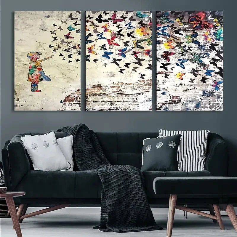 3pcs Colorful Girl Butterfly Swarm Wall Art Metal Print Ready to Hang Art - Bella Home Decor