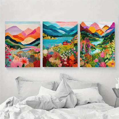 3pcs Abstract Mountain & Floral Landscape Metal Print Ready to Hang Art - Bella Home Decor