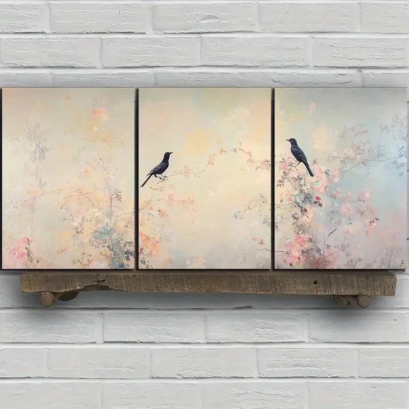 3pcs Black Birds on Blackberry Flowers Metal Print Ready to Hang Art - Bella Home Decor