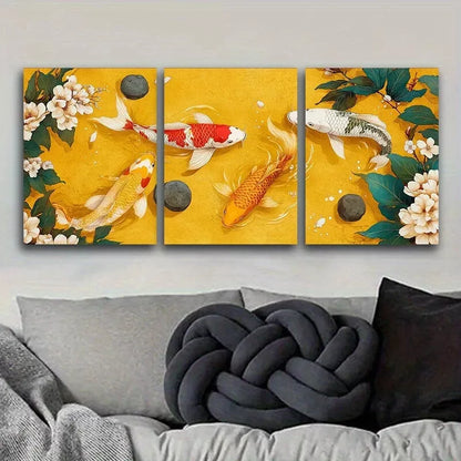 3pcs Koi Fish In A Pond Of Stones And Flowers Wall Art Set Canvas Framed 40x60cm - High Quality Print 100% Australian Made Wall Canvas Ready to Hang