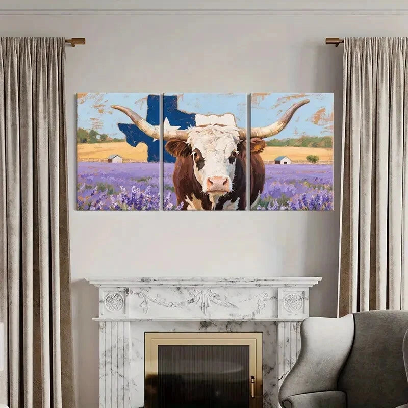 3pcs Lavender Field Rustic Texas Longhorn Cow Metal Print Ready to Hang Art - Bella Home Decor