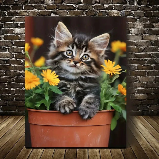Flowers and Plants Cute Maine Coon Kitten Painting 40x60cm Metal Print Ready to Hang - Bella Home Decor