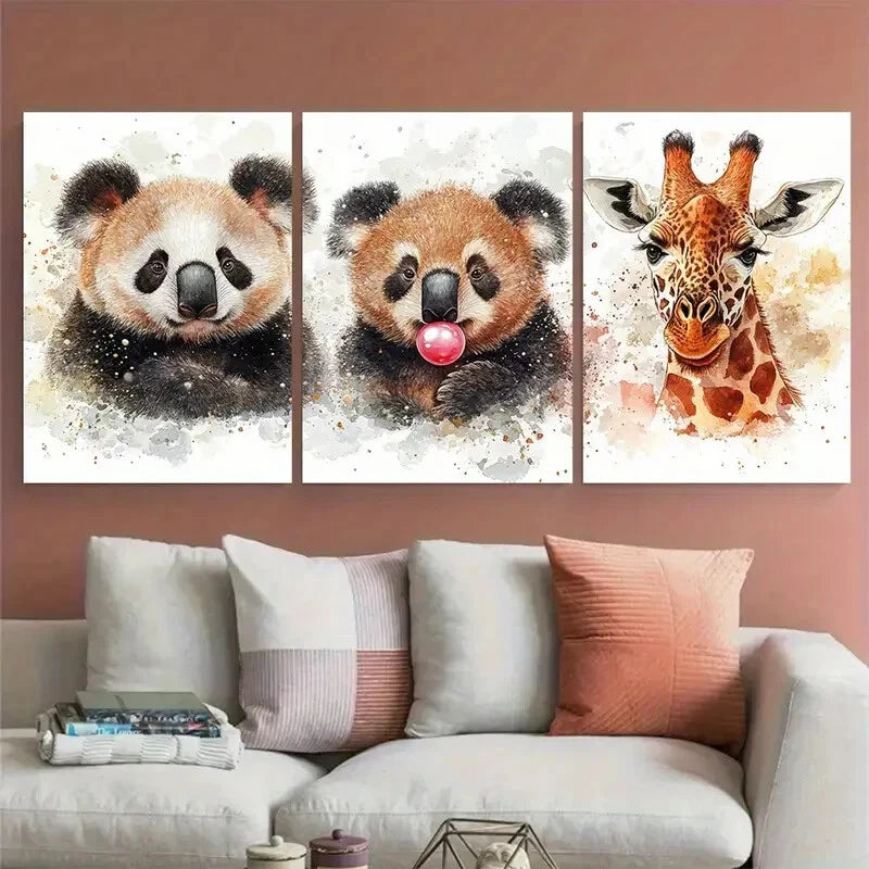 3pcs Panda, Koala, Giraffe Bubble Gum Wildlife Metal Print Ready to Hang Art - Bella Home Decor