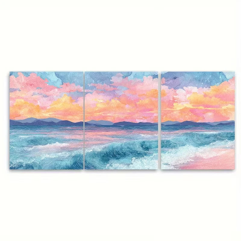3pcs Watercolor Sea Sunset Metal Print Ready to Hang Art