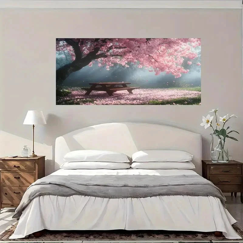Blossom Picnic Table Scene Wall Art Canvas Office Home Room Framed 120x60cm