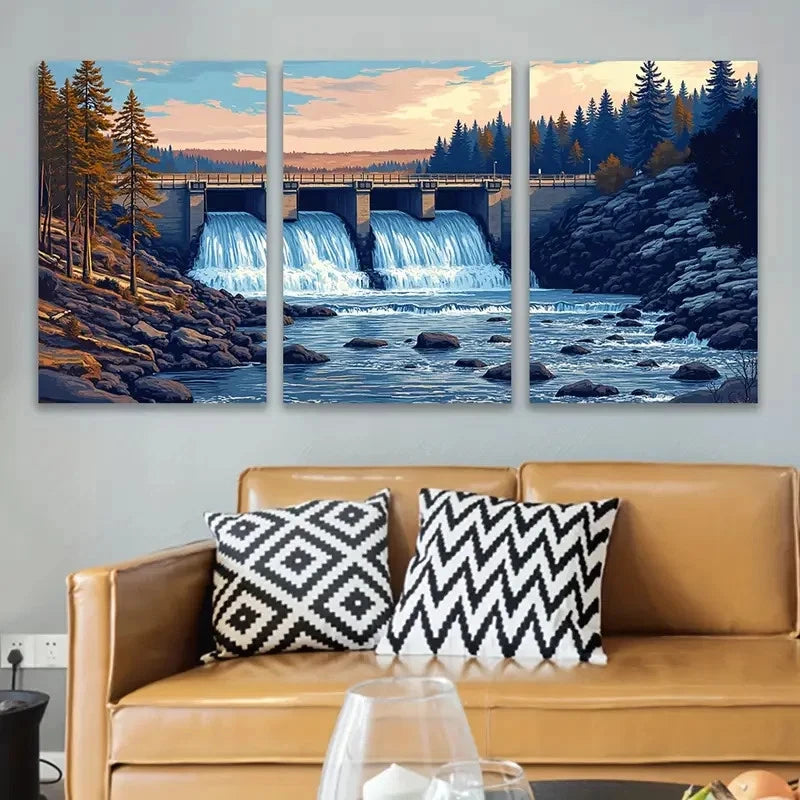 3pcs Waterfall Sunset And Autumn Forest Scene Wall Art Set Canvas Framed 40x60cm - High Quality Print 100% Australian Made Wall Canvas Ready to Hang