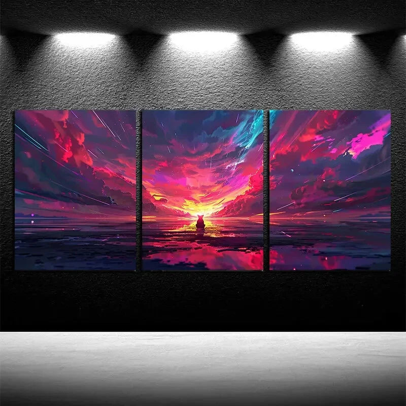 3pcs Vibrant Fox Under The Starry Sky Design Metal Print Ready to Hang Art