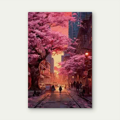 Urban Landscape with Vibrant Pink Trees Metal Print Ready to Hang