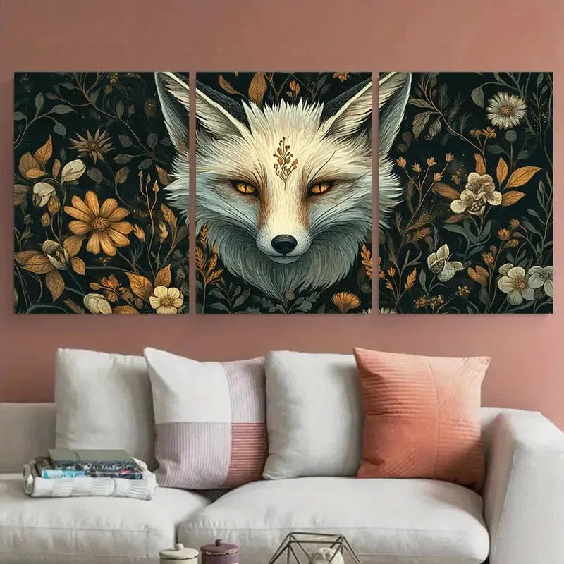 3pcs Vintage Aesthetic Floral White Fox Wall Art Set Canvas Framed 50x70cm - High Quality Print 100% Australian Made Wall Canvas Ready to Hang