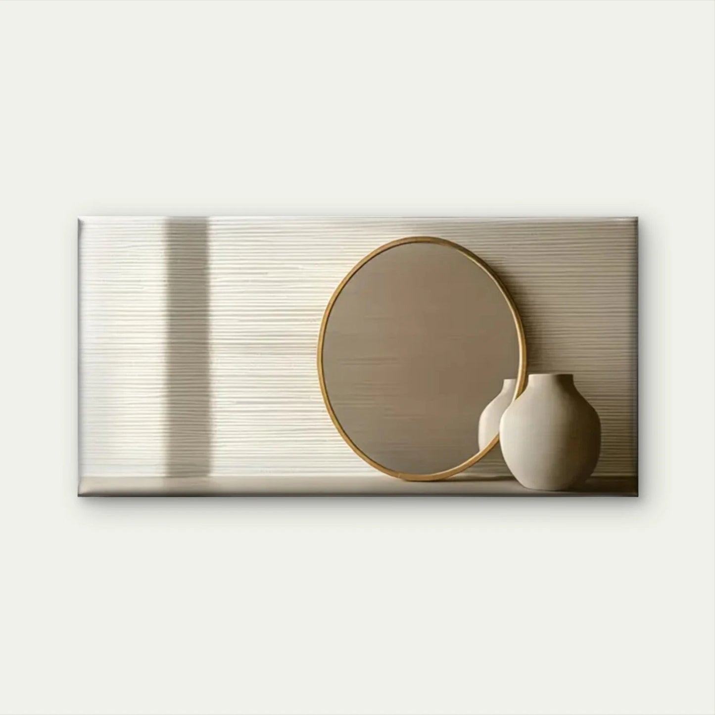 Golden Frame Round Mirror White Wall Art Canvas Office Home Room Framed 120x60cm