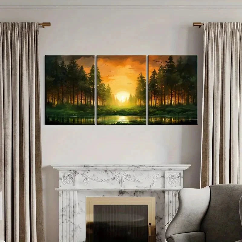 3pcs Sunset Landscape Forest Reflection Metal Print Ready to Hang Art - Bella Home Decor