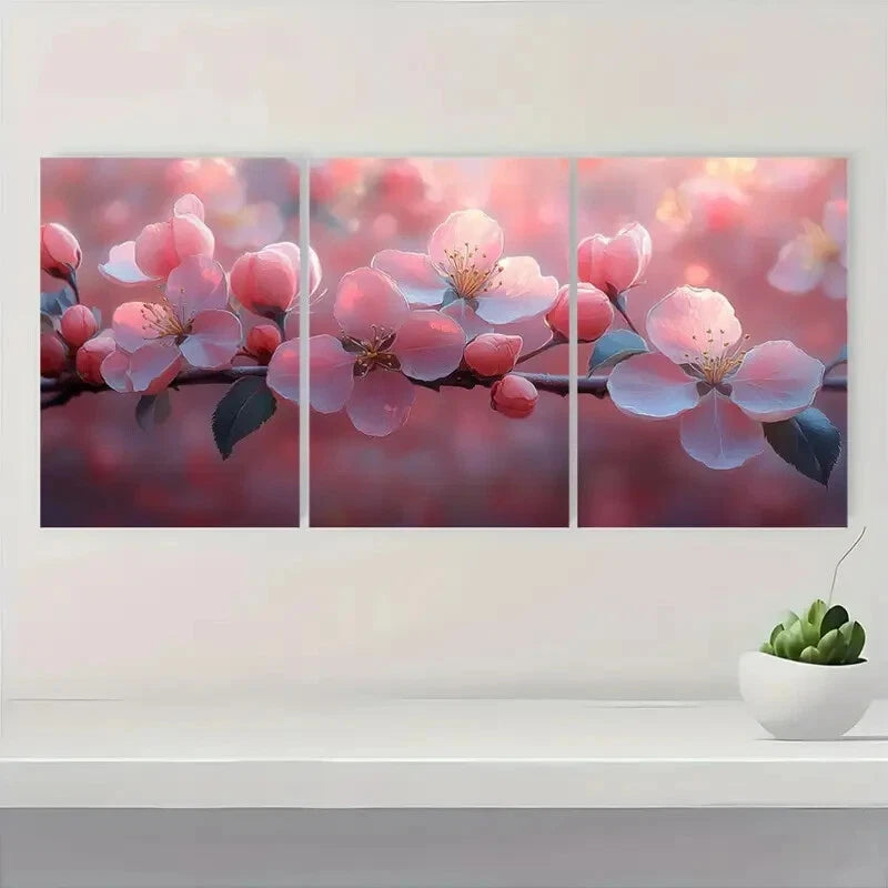 3pcs Pink &White Flower Branches on Red Background Metal Print Ready to Hang Art - Bella Home Decor