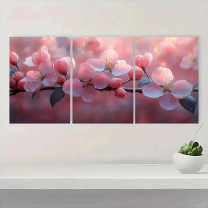 3pcs Pink &White Flower Branches on Red Background Metal Print Ready to Hang Art - Bella Home Decor
