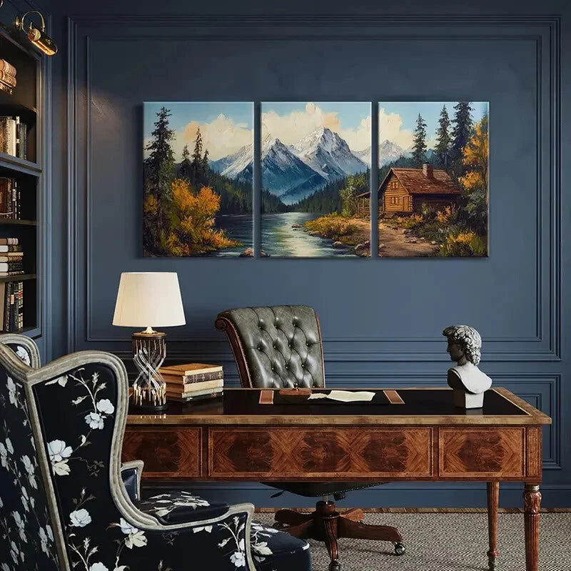 3pcs Mountain Retreat Log Cabin Autumn Colors Metal Print Ready to Hang Art - Bella Home Decor