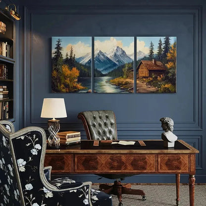 3pcs Mountain Retreat Log Cabin Autumn Colors Metal Print Ready to Hang Art - Bella Home Decor