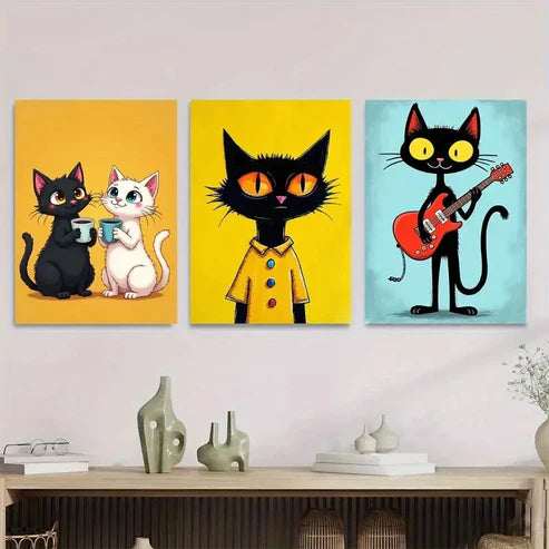 3pcs Colorful Cat Animal Lovers Black Yellow Wall Art Set Canvas Unframed - High Quality Print 100% Australian Made Wall Canvas - Bella Home Decor