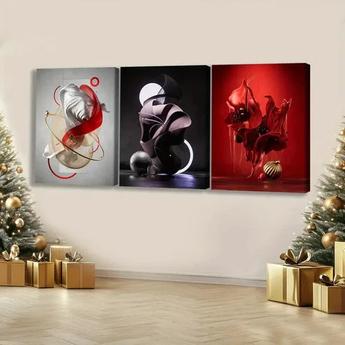 3pcs Modern Abstract Art Red & Gold Black White Wall Art Set Canvas Unframed - High Quality Print 100% Australian Made Wall Canvas