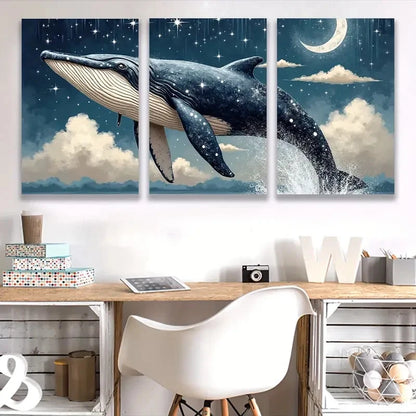 3pcs Majestic Whale Head with Starry Night Sky Wall Art Set Canvas Framed 60x90cm - High Quality Print 100% Australian Made Wall Canvas Ready to Hang