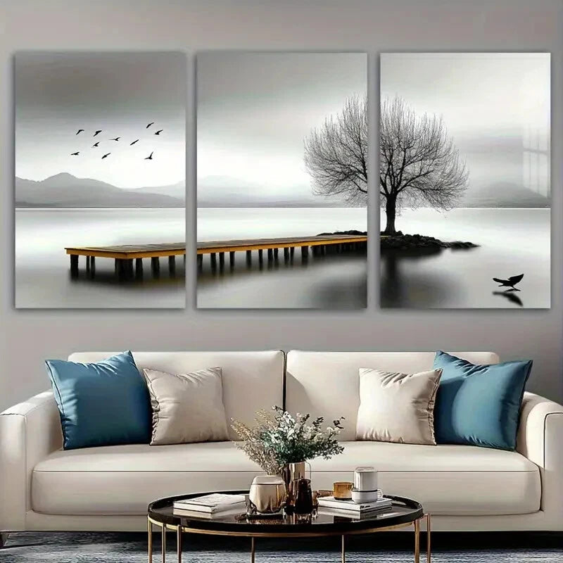3pcs Seaside Birds and Trees Black & White Metal Print Ready to Hang Art - Bella Home Decor