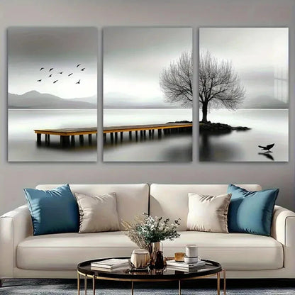 3pcs Seaside Birds and Trees Black & White Metal Print Ready to Hang Art - Bella Home Decor