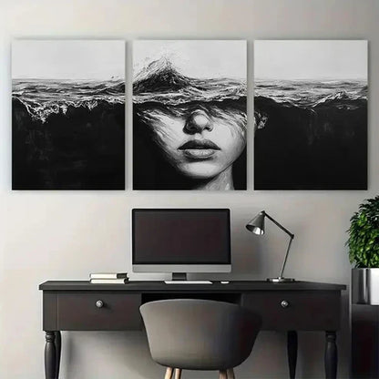 3pcs Abstract Lady Face Black And White Ocean Wall Art Canvas Unframed - High Quality Print 100% Australian Made Wall Canvas - Bella Home Decor
