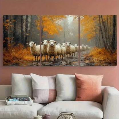 3pcs Textured Village Sheep Illustration Wall Art Set Canvas Unframed - High Quality Print 100% Australian Made Wall Canvas