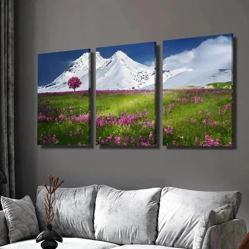 3pcs Snow Capped Mountain & Wildflowers Wall Art Set Canvas Unframed - High Quality Print 100% Australian Made Wall Canvas