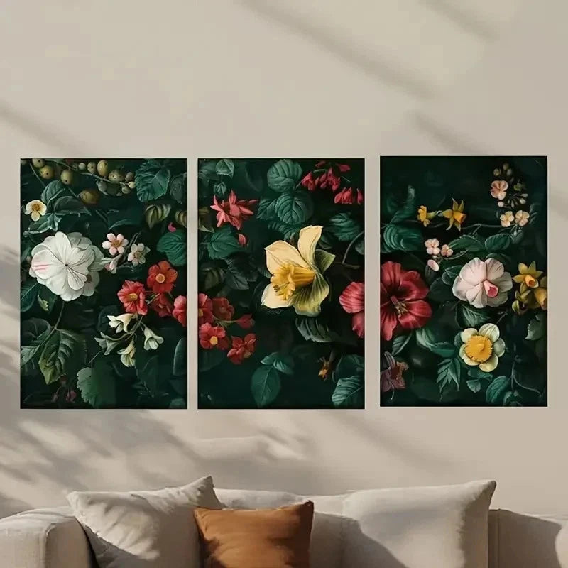 3pcs Flowers on a Black Background Wall Art Set Canvas Framed 50x70cm - High Quality Print 100% Australian Made Wall Canvas Ready to Hang - Bella Home Decor