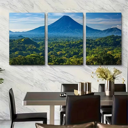 3pcs Lush Greenery & Majestic Volcano Metal Print Ready to Hang Art