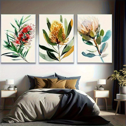 3pcs Abstract Greenery and Exotic Flowers Metal Print Ready to Hang Art - Bella Home Decor