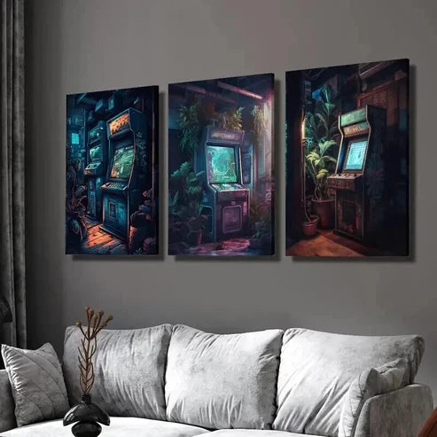 3pcs Retro Arcade Nostalgic Gaming Scenery Wall Art Canvas Unframed - High Quality Print 100% Australian Made Wall Canvas
