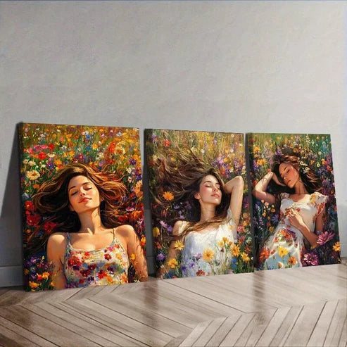 3pcs A Woman Surrounded by Vibrant Flowers Wall Art Set Canvas Unframed - High Quality Print 100% Australian Made Wall Canvas - Bella Home Decor