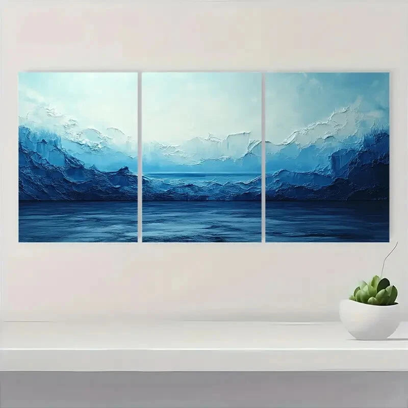 3pcs Abstract Blue & White Minimalist Metal Print Ready to Hang Art - Bella Home Decor